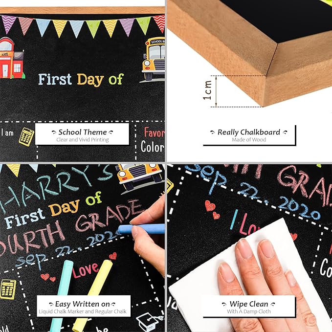 First Day of School Sign - 14" X 11" Double-Sided Board With Frame for Kids - Chalkboard for First & Last Day, Back to School Supplies for Preschool Kindergarten 1st Grade