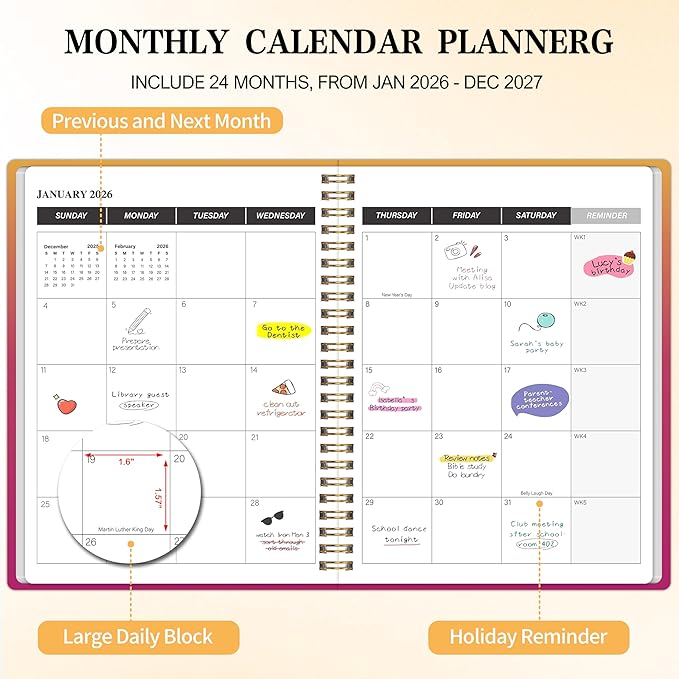Monthly Planner 2026-2027, 2026 Calendar 24 Months Planner, 7.4"x9.4", JAN 2026 - DEC 2027, Personal Organizer with Monthly Goals, To-Do List, Habit Tracker, 24 Monthes for School Office Home Planning