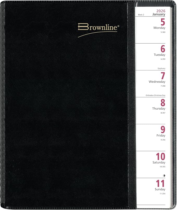 Brownline® 2026 Pre-Vu™ Weekly Planner, Tri-Fold Flexible Cover, Twin-Wire Binding, 11" x 8.5", Black (CB925.BLK-26)