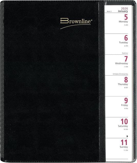 Brownline® 2026 Pre-Vu™ Weekly Planner, Tri-Fold Flexible Cover, Twin-Wire Binding, 11" x 8.5", Black (CB925.BLK-26)