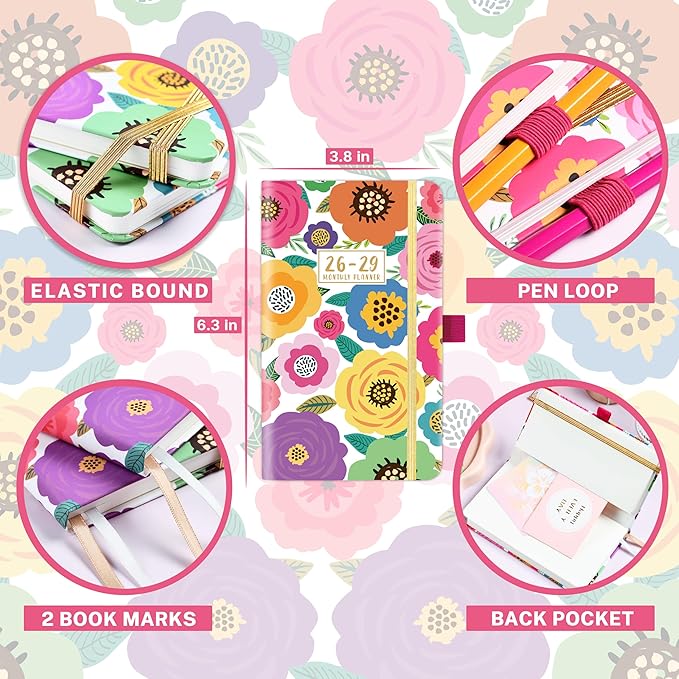 2026-2029 Pocket Planner/Calendar - 3 Year Monthly Planner 2026-2029, July 2026 - June 2029(36 Months), 6.3" x 3.8", Monthly Pocket Calendar with Elastic Closure, Pen Hold, 60 Notes, Perfect for Purse