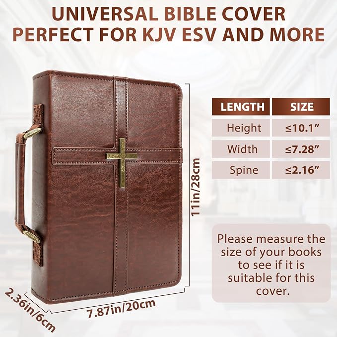 Bible Cover Case PU Leather Bible Bag for Men, with Leather Bookmark, Pen Slots, Handle, Strong and Sturdy Church Bag, Christian Gifts for Men and Women, Fits Standard Size Bibles (Brown)