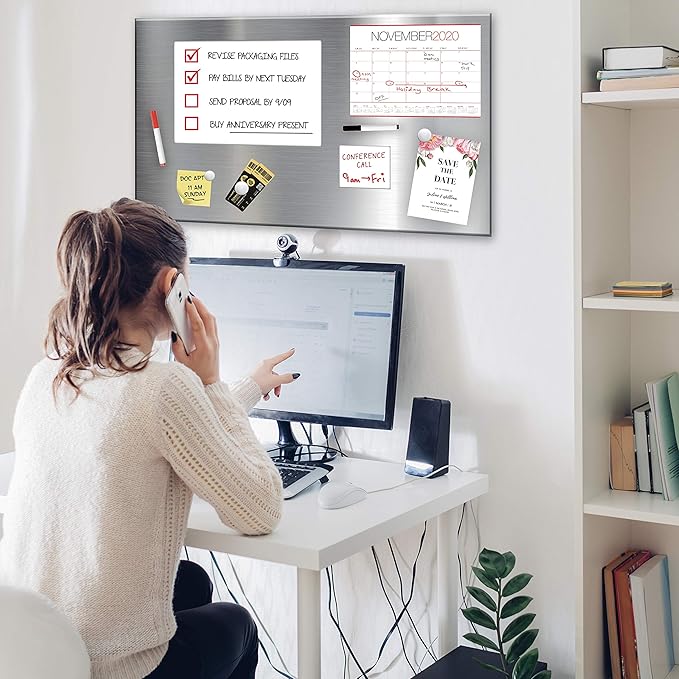 Essentially Yours Magnet and Message Board | Large Mountable 30 x 14 x 0.7 Inch Steel Bulletin Board (Silver)