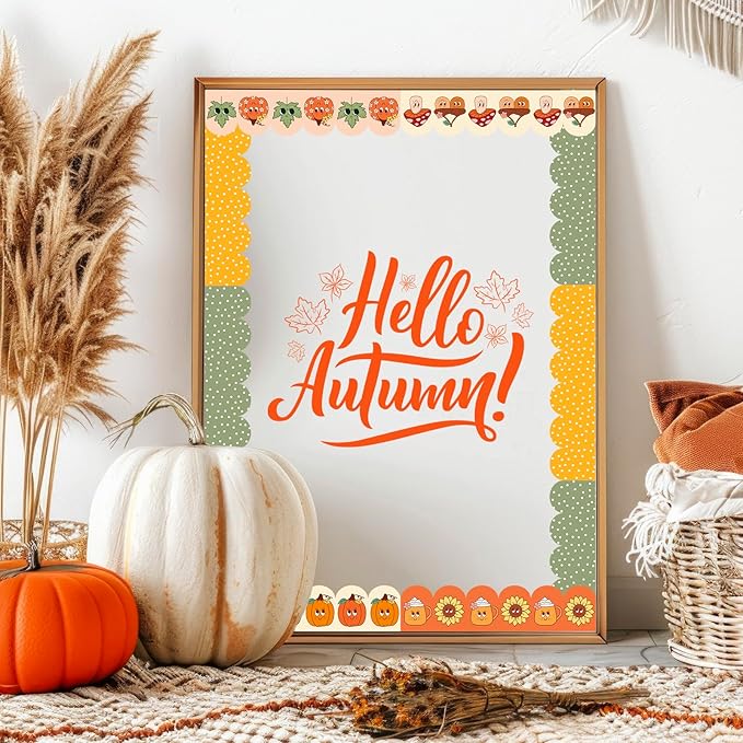 FYSUIMU 60 Pcs Fall Thanksgiving Cartoon Bulletin Board Borders Retro Pumpkin Leaves Mushroom Scalloped Border Trim Autumn Self-Adhesive Sticker for Harvest Party School Home Classroom Wall Decor