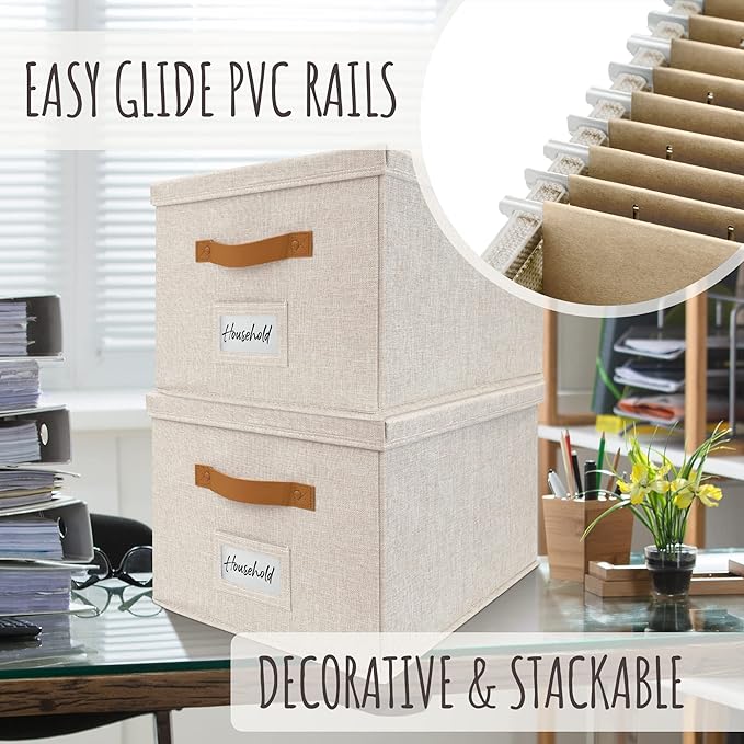 Decorative File Organizer Box Set of 2 - Collapsible Linen Filing Cabinets with Handles Are Perfect to Store All Your Documents & Hanging File Folders - Portable Easy Slide Office Crates with Lid
