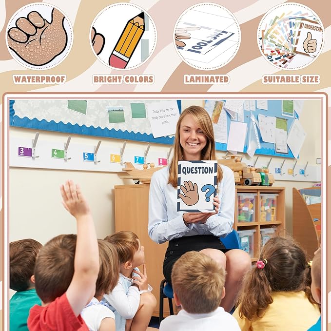 MotiMind 15 Pcs Classroom Hand Signal Cards Signal with Adhesive Tapes Decor Classroom Learning Bulletin Board Hand Signals Language Posters for Teachers Students Visual Cues(Morandi)