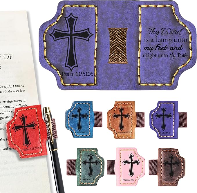 Personalized Magnetic Bookmark with Pen Holder, Bible Verse Scripture Design, Custom Leather Bookmark Bible Study Supplies for Women Men, Christian, Book Lovers Gifts (Purple, Psalm 119:105)