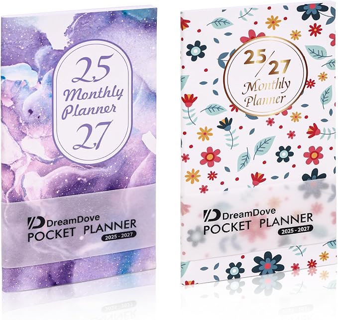 2025-2027 Monthly Pocket Planner/Calendar , 2 Year Small Size Academic Planner With Daily Quotes Hardcover Agenda Book Perfect Organizer for Purse,Planning, Organizing, and Office Use (Starry Sky Purple+Floral)