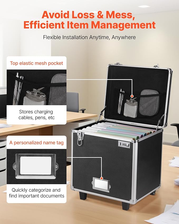 VEVOR Portable File Storage Box, 15.6 x 12.6 x 15 inch Internal Chest Size, Locking Mobile Business Case with Telescopic Handle, Hand pull File Case for Office Home, Offices, Hospitals, Banks