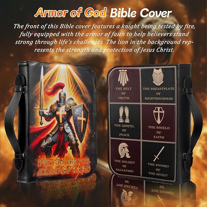 Premium Leather Armor of God Bible Cover - Faith Scripture Knight Temlar Study Bible Carrier Case Bag Accessories Supplies - Religious Bible Pattern Organizer - Christian Pastor Appreciation Gifts