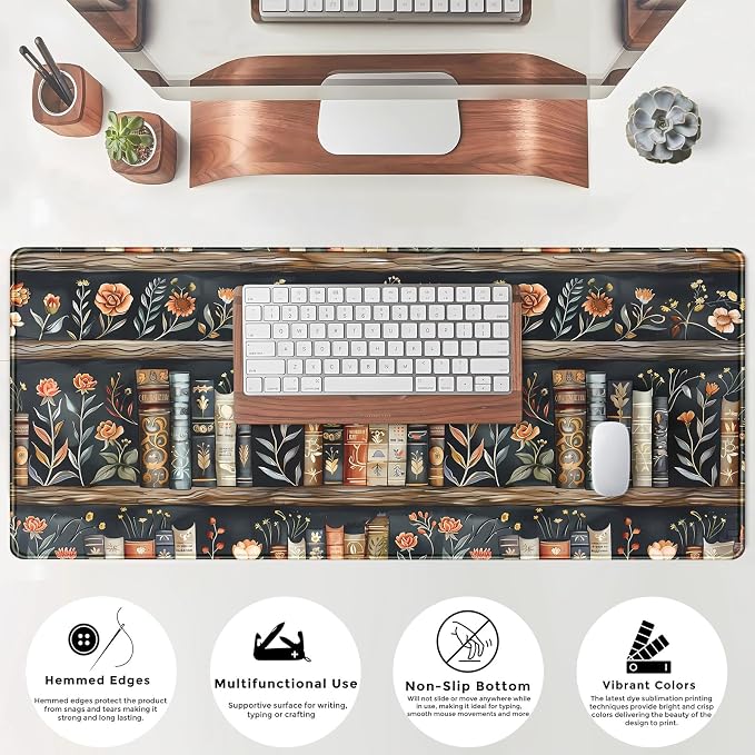 Library Desk Mat Dark Academia Large Mouse Pad Forest Book Nature Floral Gaming Mousepad XL Vintage Aesthetic Desk Pad 31.5 x 11.8 in Laptop Computer Keyboard Mouse Mat Accessories Decor