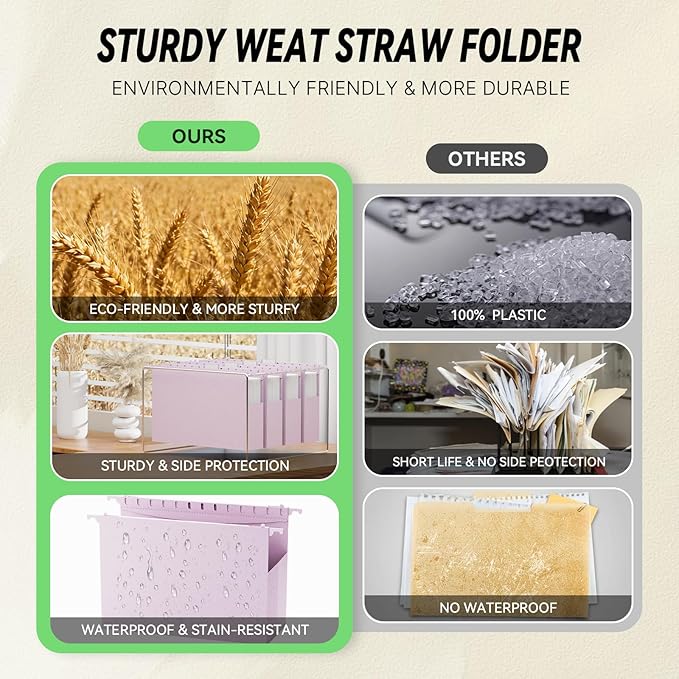 XINGIA Extra Capacity Wheat Straw Legal Size Hanging File Folders, 2" Expansion Heavy Duty File Organizer with Tabs,12 Pack Plastic Filing Cabinet Folders,Hang Folder for Bulky Files(Morandi Purple)