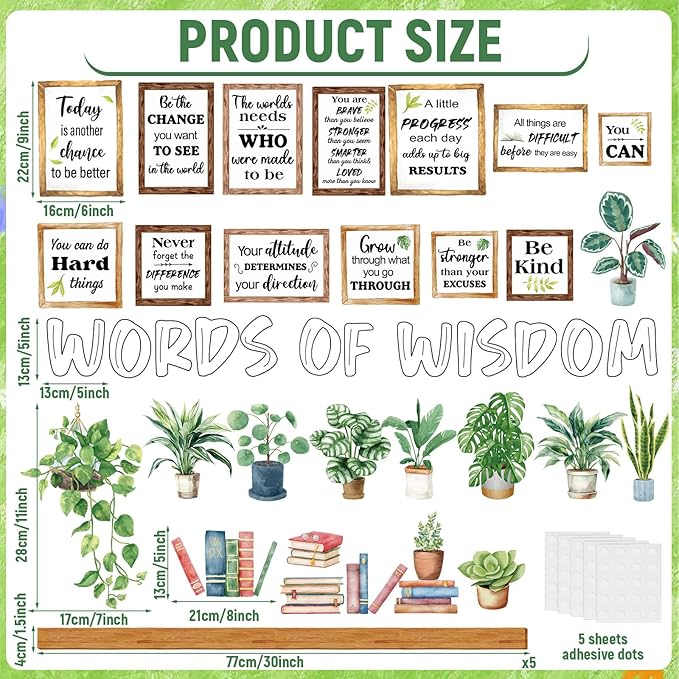 Greenery Words of Wisdom Bulletin Board Classroom Decoration Spring Plant Themed Paper Cutouts Plants Motivational Door Wall Stickers for Classroom Wall Window Educational Learning Activities