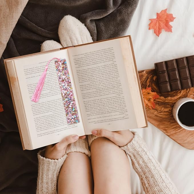 2 Pcs Glitter Bookmarks with Tassels Resin Bookmarks for Girls Kids Book Marks for Reading Purple Pink Tassel Bookmark for Girls Women Book Lover Reading Presents