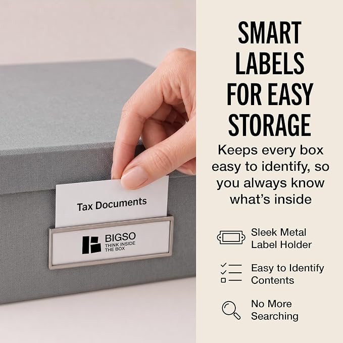 Bigso Box of Sweden Oskar Fiberboard Label Frame Document Letter Box | File Organizer for Important Paperwork with a Lid & Label Window | 3.3"x10.2"x13.8" | 3 Pack | Grey