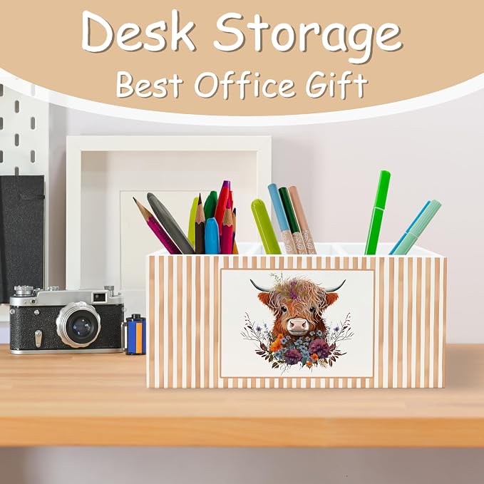 Floral Highland Cow Pen Pencil Holder Organizer for Desk, Highland Cow Lover Gifts, Farmhouse Farm Animal Heifer Wooden Box Block Sign for Home Classroom Dorm Office Tabletop Decor