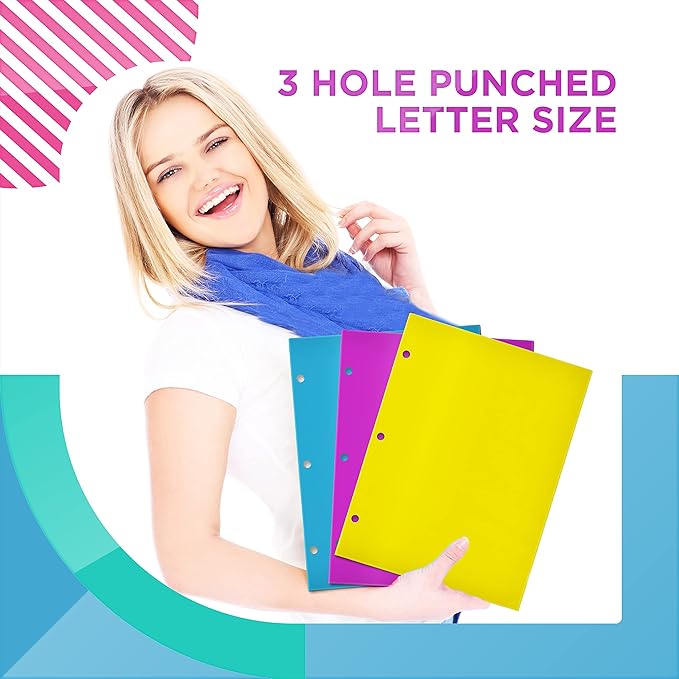 Better Office Products 4 Pocket Glossy Laminated Paper Folders (12 Pack), 3 Hole Punch Portfolios, Assorted Bright and Primary Colors,