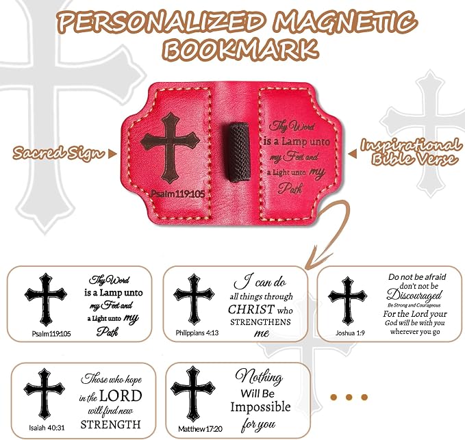 Bygone Mark Personalized Magnetic Leather Bookmark with Pen Holder,Inspirational Bible Verse Religious Bookmarks,Christian Book Lovers Reading Accessory for Men Women (RED, Psalm 119:105)