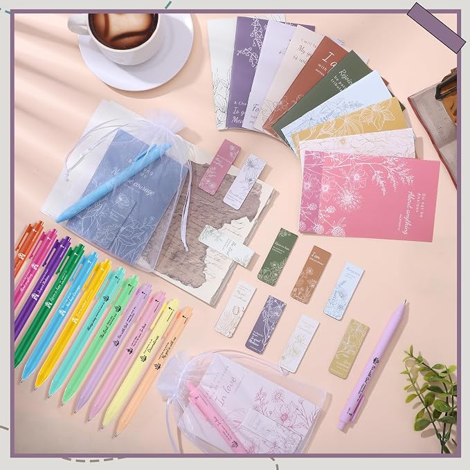 WSICSE 144 Pcs Christian Bible Gifts Set Bulk, Colorful Floral Notebooks Inspirational Bookmarks Quote Pens Organza Bags for Inspirational Gifts for Office School Church Supplies