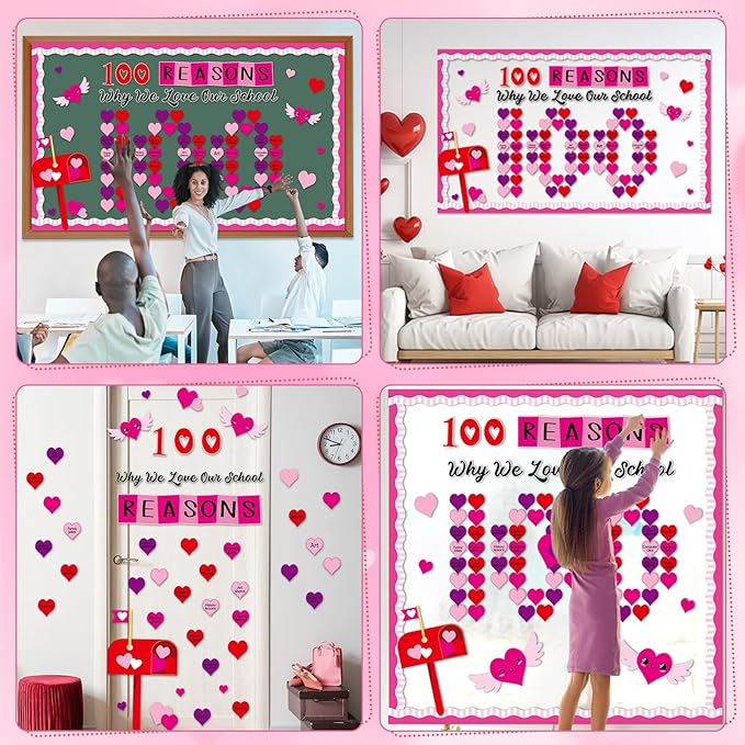 OBUSATT Valentine's Day Bulletin Board Set Valentine 100 Reason Love School Classroom Decoration 100 Days of School Bulletin Board Love Heart Cutouts for Classroom Home Door Chalkboard Wall Decor