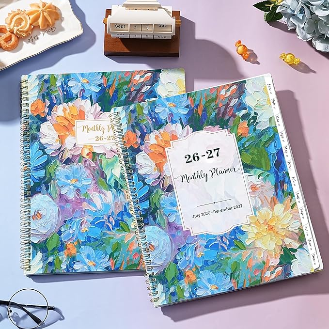 Monthly Planner 2026-2027 - 9" x 11" Large 18 Monthly Planner 2026-2027 (Jul. 2026 - Dec. 2027), 26-27 Monthly Calendar Planner with Twin-wire Binding + Tabs + Back Pocket - Floral