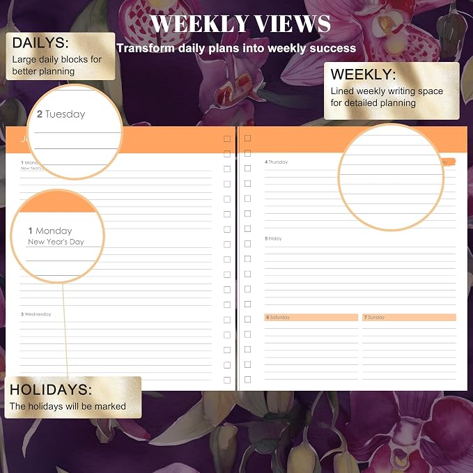 CAGIE 18 Month Planner July 2026 - December 2027, Academic Year Weekly & Monthly Planner with Tabs, 8.3 x 9.3 Floral Hardcover Organizer with 100GSM Thick Paper and Elastic Band for Women School Office
