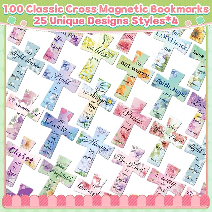 100Pack Magnetic Bookmarks Bulk Cross Bible Bookmark Christian Bookmarks for Women Men Kids Adults Teacher Book Lovers Gifts, Book Marks for Reading Religious Verses Magnet Bookmark Clips (Flower)