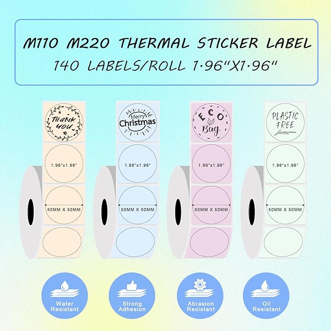 Round Circle Thermal Label Compatible with Phomemo M100/M110/M150/M221/M220/M120/M200/M250 Label Printer,1.96" x 1.96"（50x50 mm, 140 Labels/Roll, Black on Pink & Blue & Khaki & Green,4 Rolls