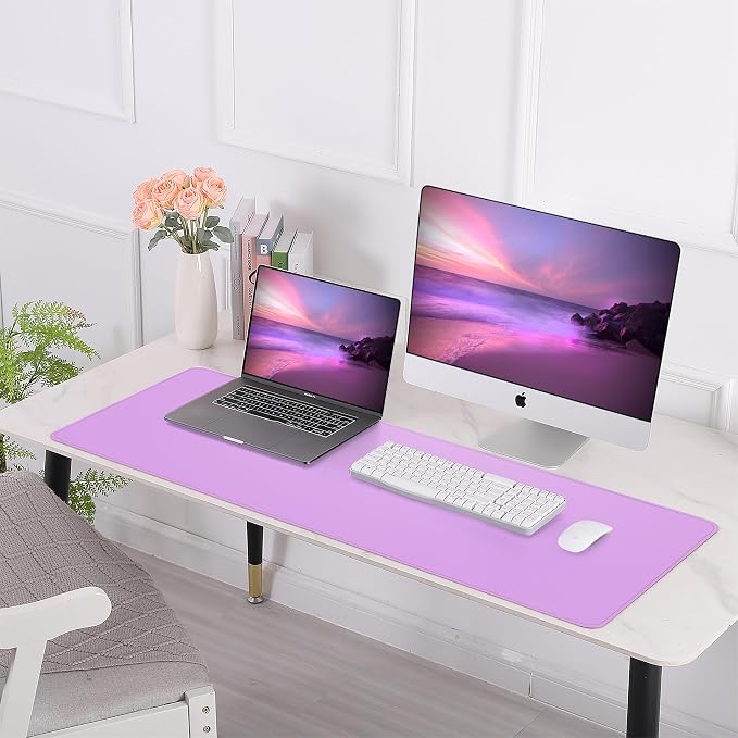 AFIING Leather Desk Pad Protector, Large Desk Mat with Natural Cork & PU Leather, Mouse Pad, Non-Slip, Waterproof Desk Writing Pad for Office and Home, Purple