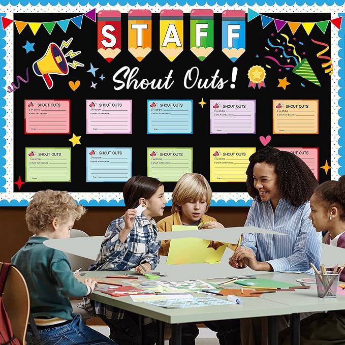 Staff Shout Out Bulletin Board Decoration Fun Shout Cutouts Appreciation Recognition Colorful Pencils Wall Decals Theme Party Supplies for Back to School Classroom Chalkboard Window Decoration Favor