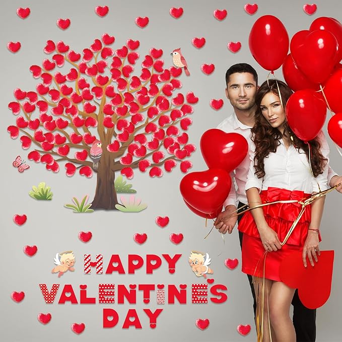 Pajean Valentines Bulletin Board Decorations Valentine Day Tree Bulletin Board Set Heart Bird Angel Classroom Tree Stickers Heart Wall Background Banner Door Decor (Cute Style)