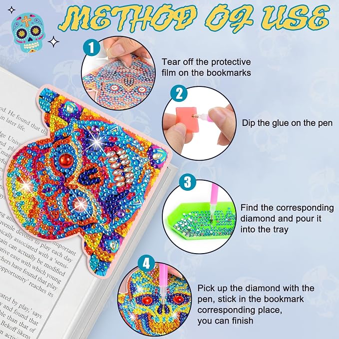 WIVICO 4 pcs Diamond Painting Bookmarks, DIY Diamond Art Kits for Adults, Book Corner - Protecting Bookmark Craft Supplies Kits for Book Lovers(Halloween Skull)