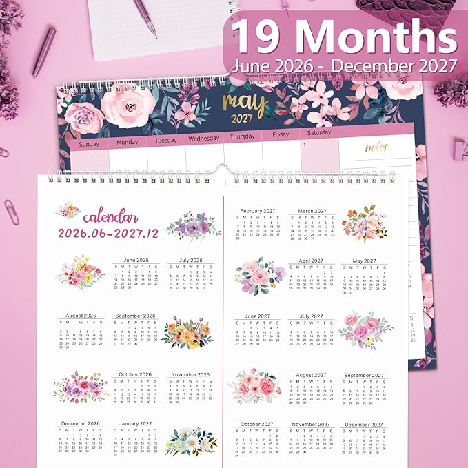 GuassLee Wall Calendar 2026-2027, Calendar Wall 2026, 19-Months Hanging Calendar Jun. 2026 to Dec. 2027, 14" x 11.5" Monthly Planner Wall with Thick Paper for Office School Home Teacher Academic
