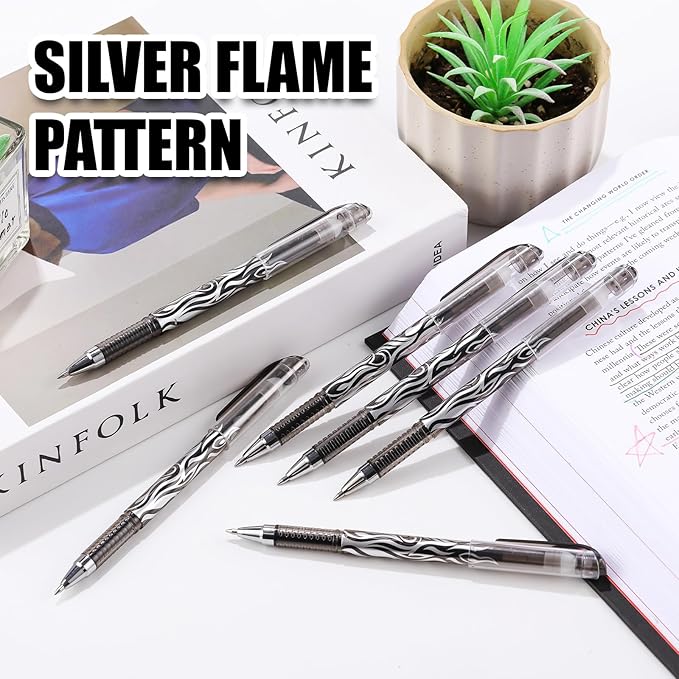 RIANCY 8 Pack Black Ink Erasable Gel Pens, 0.5mm Fine Point, Flame Patterned Barrel, Comfortable Grip, with Eraser, Ideal for Journaling, School Work, Office Tasks, Note Taking, DIY Projects