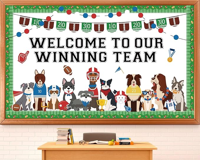Football Pet Dog Bulletin Board Set Sports Theme Puppy Classroom Decoration Football Cute Dog Bulletin Board Sports Cutouts for School Office Game Day Party Home Chalkboard Wall Decor