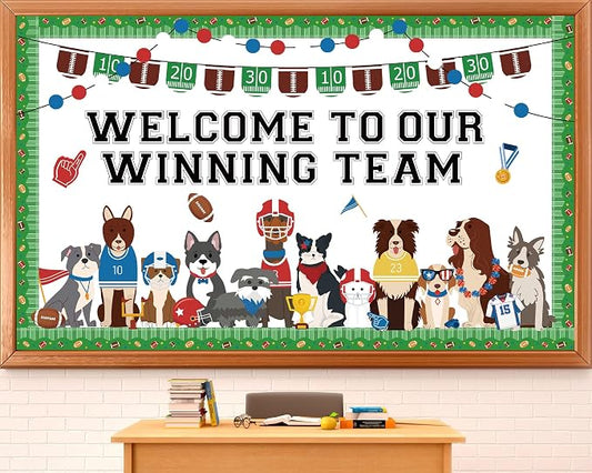 Football Pet Dog Bulletin Board Set Sports Theme Puppy Classroom Decoration Back to School Cute Puppy Bulletin Board Sports Cutouts for School Office Game Day Party Home Chalkboard Wall Decor