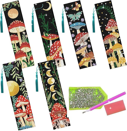 6Pcs Mushroom Diamond Art Bookmarks Crescent Moon Mushroom Butterfly Diamond DIY Painting Bookmarks Acrylic Tassel Bookmark Making Beginners Adults Arts Craft Supplies