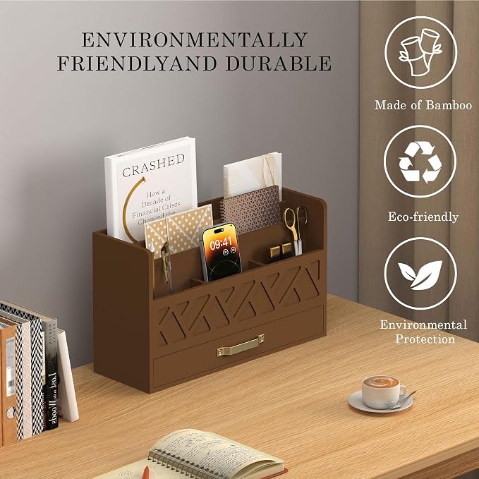 WISUCART Bamboo Mail Organizer Countertop Wood Desk Organizer Drawer Tabletop Storage Box Letter Sorter Makeup Organizer for School Home Office Supplies Brown