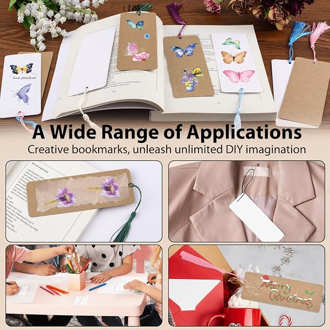 WANDIC Blank Bookmarks, Cardstock Bookmarks with Holes, 60 Pcs White & Brown and 60 Pcs Colorful Tassels for DIY Projects and Gift Supplies