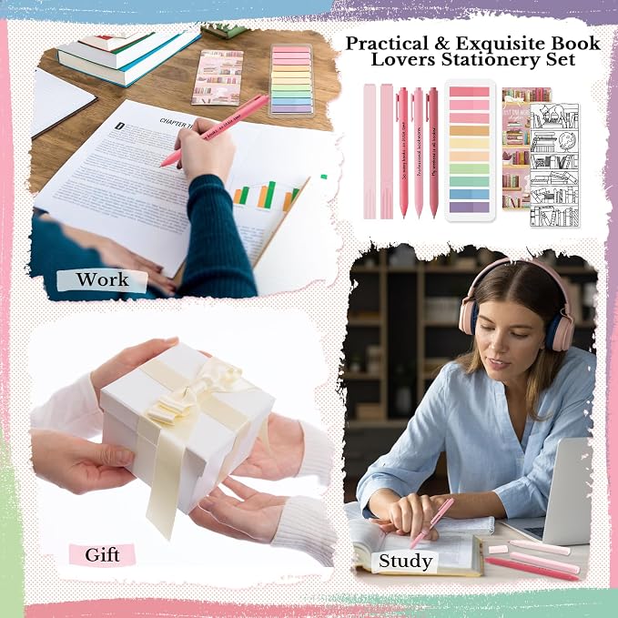 Spakon 7 Pcs Book Lovers Gifts for Readers Bookish Book Annotation Kit Aesthetic Pastel Highlighters No Bleed Gel Pens Reading Tabs Bookmark for Women Library Student Bible(Pink Series)
