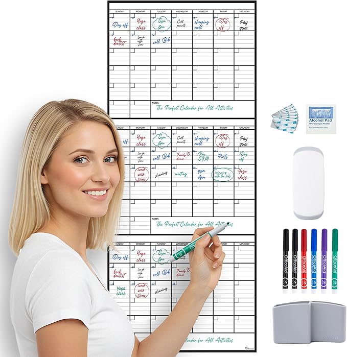 3 Month Dry Erase Calendar for Wall, 40x17, 3 Month Wall Calendar Dry Erase, Big White Board for Office, Home & School, Giant Erasable Whiteboard, Jumbo Monthly Undated Reusable White Board Planner