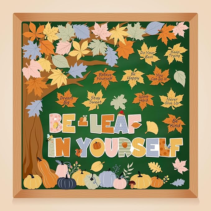 Funrous Fall Bulletin Board Decorations Classroom Fall Tree Maple Leaves Pumpkin Bulletin Board Set Be Leaf in Yourself Inspirational Quote Cutout Autumn Thanksgiving School Wall Decor(Pumpkin)