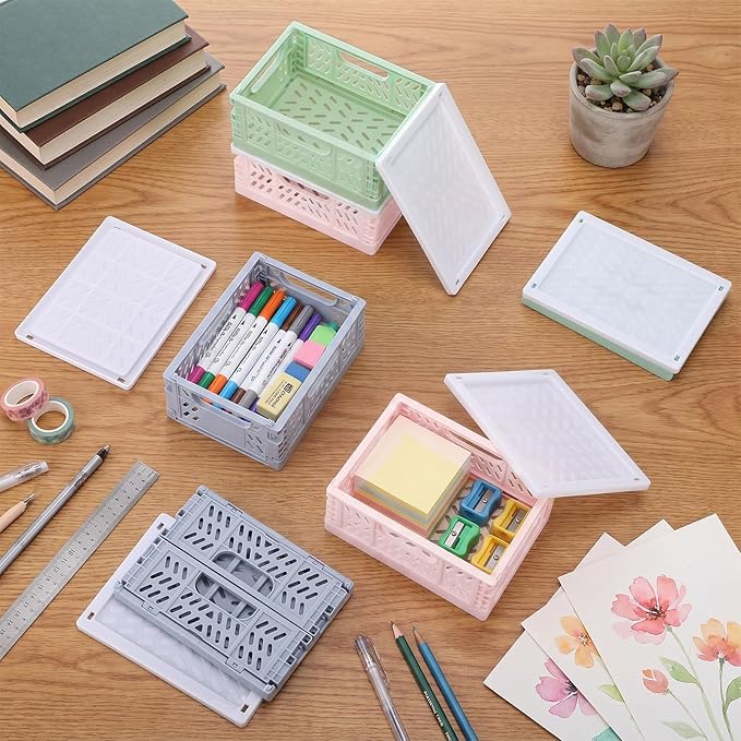 Hushee 12 Pcs Mini Pastel Plastic Storage Baskets with Lids Small Collapsible Crates Mini Mesh Storage Bins Folding for Bedroom Pencils Office Desktop Drawer Organizer 5.55 x 4.13 x 2.32 in