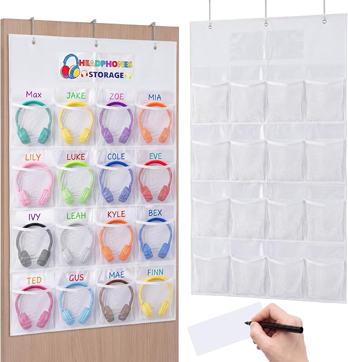 AmazingSpark 16 Pockets Classroom Headphone Storage Thickened Non-woven Fabric Mesh Pocket Chart Over The Door Hanging Cell Phone Organizer with Signed Card for Back to School Classroom Library, White