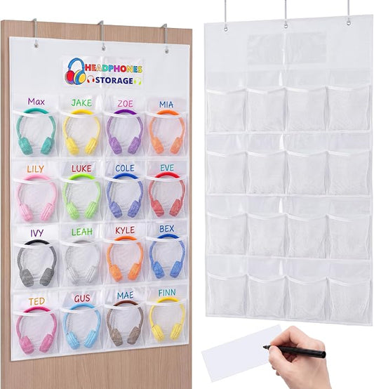 AmazingSpark 16 Pockets Classroom Headphone Storage Thickened Non-woven Fabric Mesh Pocket Chart Over The Door Hanging Cell Phone Organizer with Signed Card for Back to School Classroom Library, White