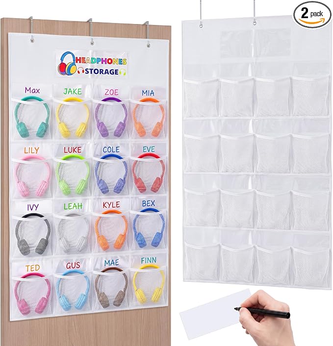 AmazingSpark 2 Pcs Classroom Headphone Storage 32 Pockets Thickened Non-woven Fabric Mesh Pocket Chart Over The Door Hanging Cell Phone Organizer with Signed Card for Back to School Classroom Library