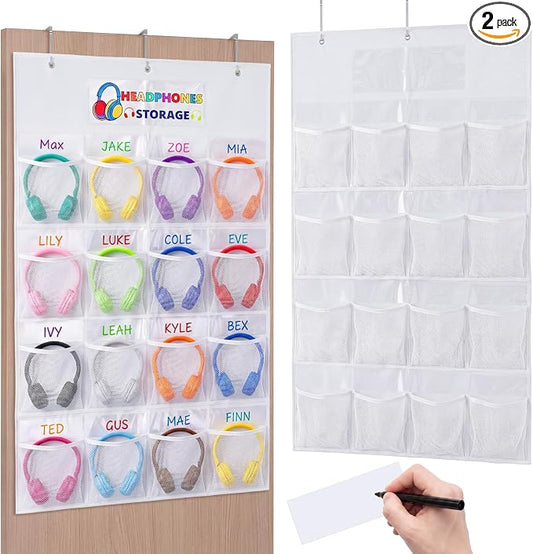 AmazingSpark 2 Pcs Classroom Headphone Storage 32 Pockets Thickened Non-woven Fabric Mesh Pocket Chart Over The Door Hanging Cell Phone Organizer with Signed Card for Back to School Classroom Library