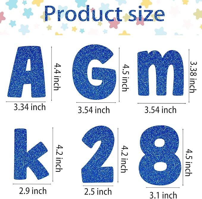 225Pcs Glitter Bulletin Board 4inch Letters with Adhesive Dots Punctuation Symbols Cutout for Classroom Numbers Alphabet School Display Decorating Supplies (Blue)