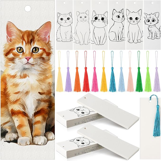 Sinmoe 120 Pcs Color Your Own Bookmarks 6 Styles Watercolor Bookmarks to Paint Card Stock Paper Watercolor Colorful Tassels Craft DIY for Classroom Projects Gifts Tags 5.9 x 2 Inch(Cat)