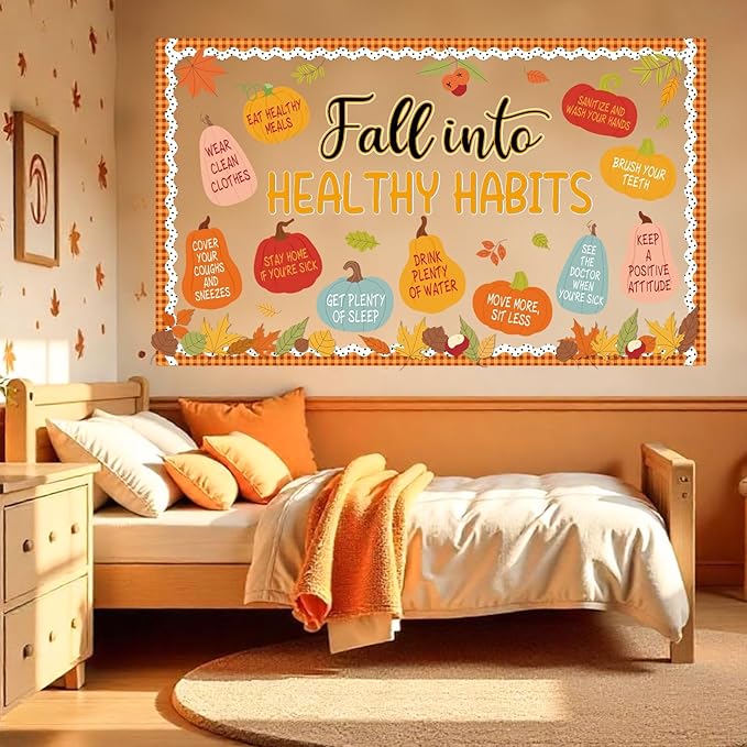 Fall Healthy Bulletin Board Set Fall Into Healthy Habits Bulletin Board Autumn Pumpkin Classroom Paper Cutouts Maple Leaves Poster for Thanksgiving Classroom Teacher Chalkboard Office Wall Door Decor